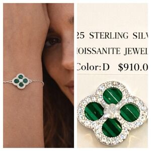 Malachite Moissanite Clover 925 SS Bracelet D Color GRA Certified $910 Value